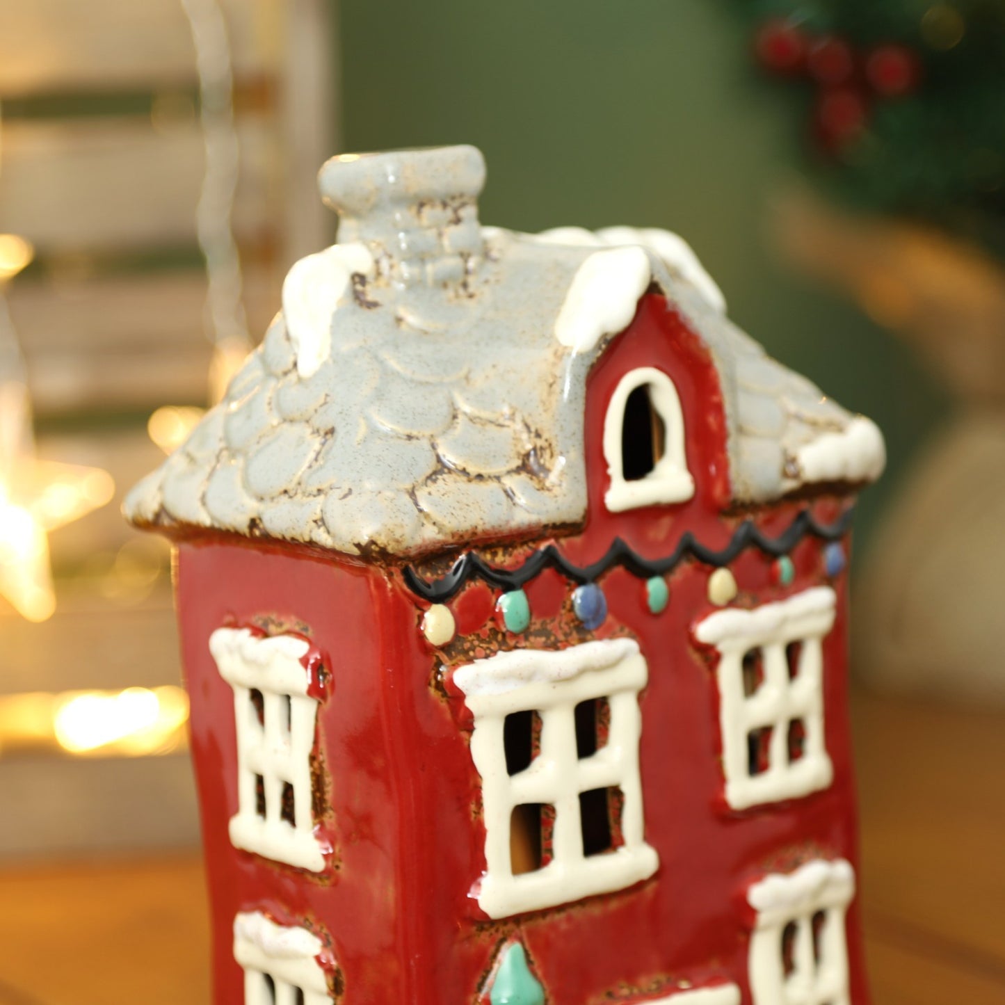 Ceramic Christmas Tealight Holder Cottage Village Scene Townhouse Xmas Ornament