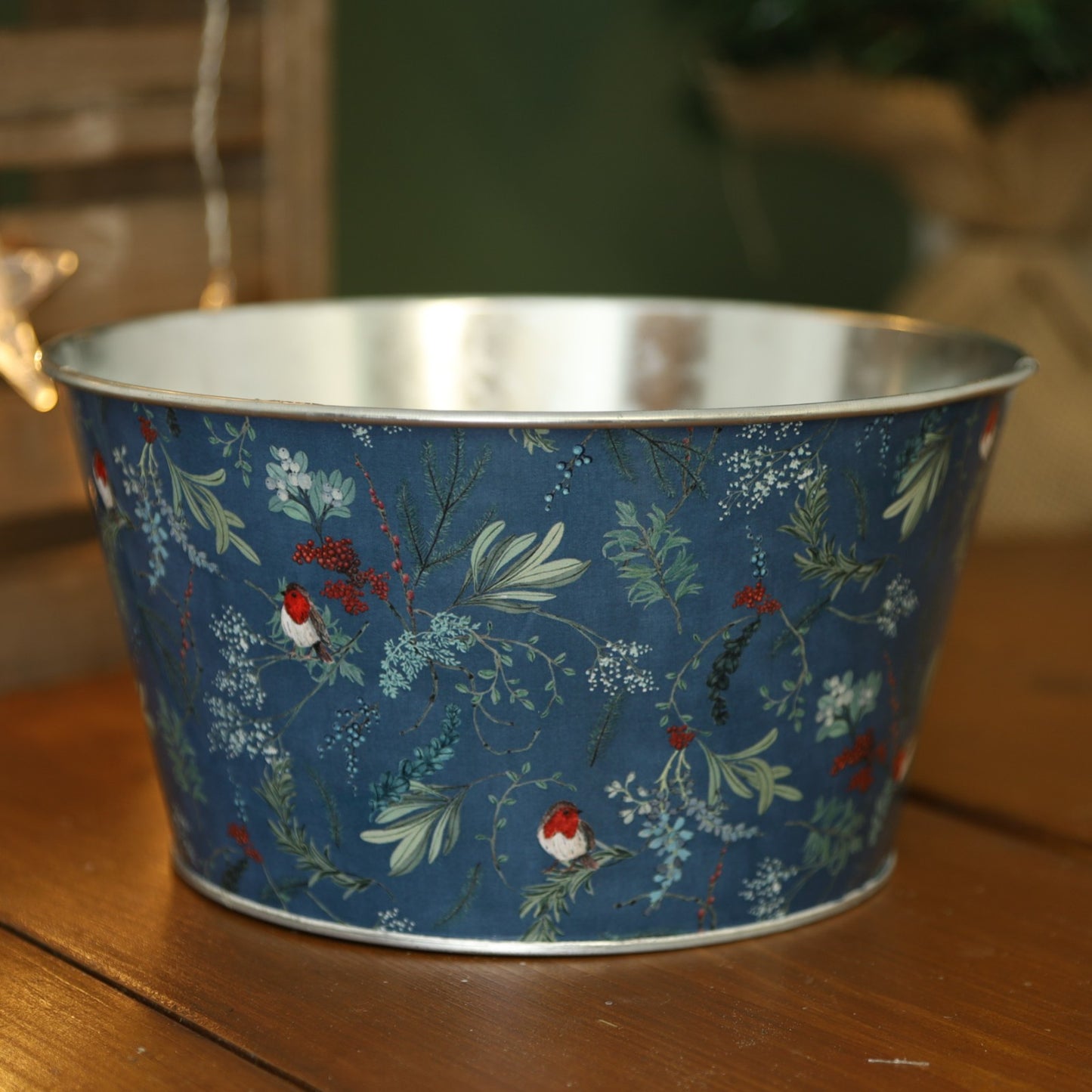 Tin Pail Robin Floral Bowl Plant Pot 21cm Christmas Metal Planter Xmas Bucket