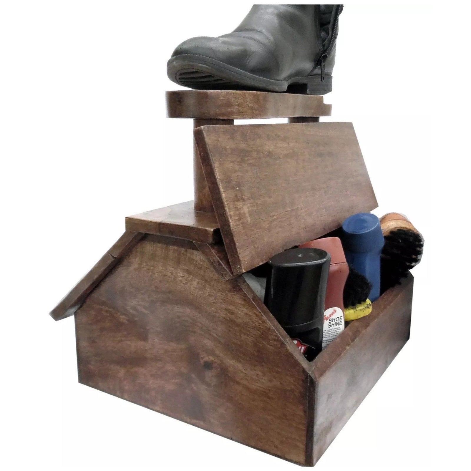 Brown Shoe Shine Cabinet with Handle Solid Mango Wood Lidded Storage Shoe Polish
