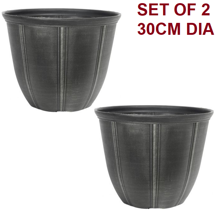Planter Set of 2 Metallic Grey Plastic Plant Pot 30cm Black11L Round Garden