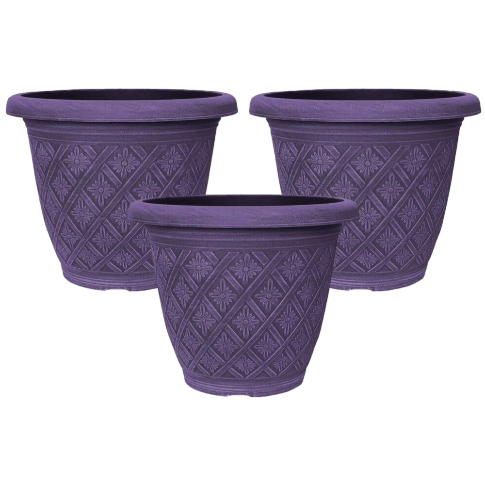Planter Set of 3 Round 33cm Garden Plant Pot Woven Purple Flower Outdoor Deco