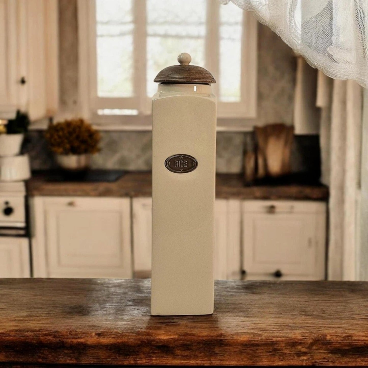 Ceramic Cream Rice Jar with Handcrafted Mango Wooden Lid Kitchen Shelf Storage