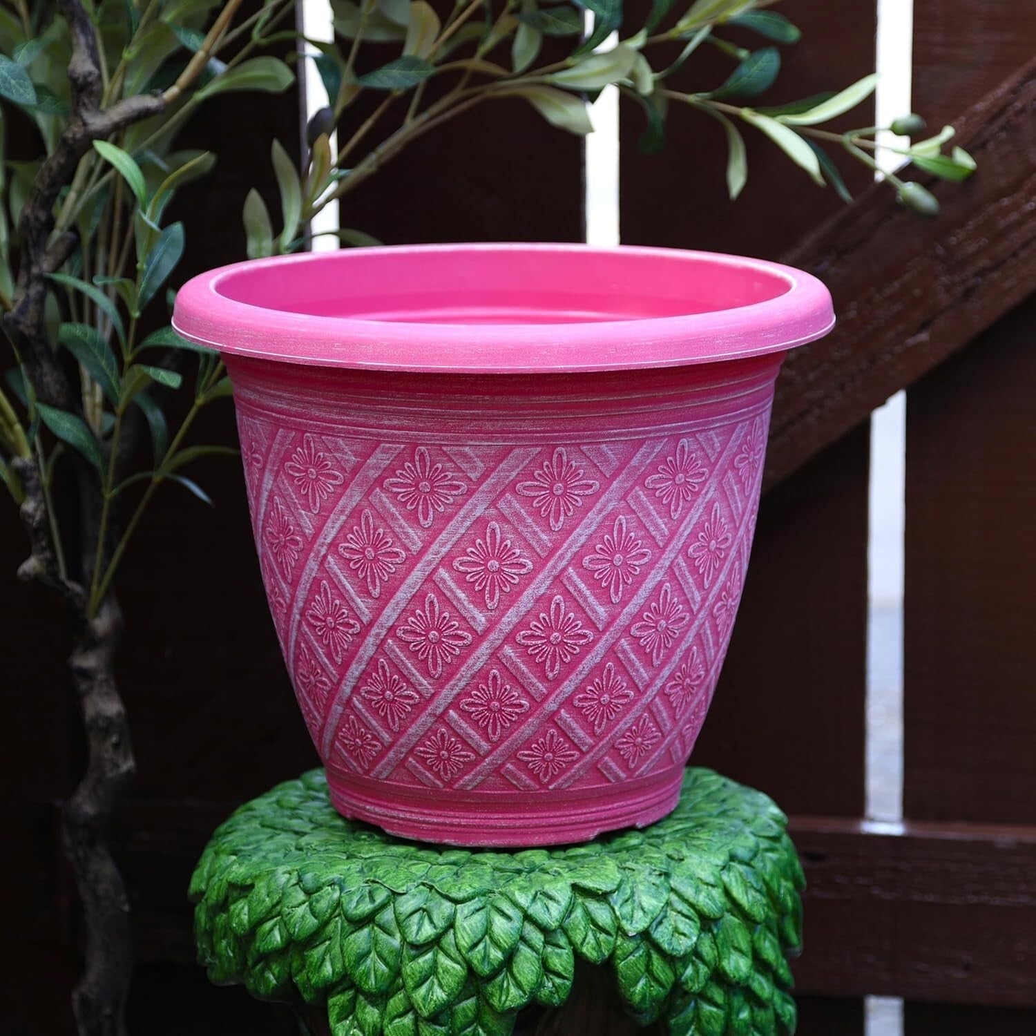 Planter Set of 4 Round 33cm Garden Plant Pot Woven Raspberry Pink Outdoor Cover