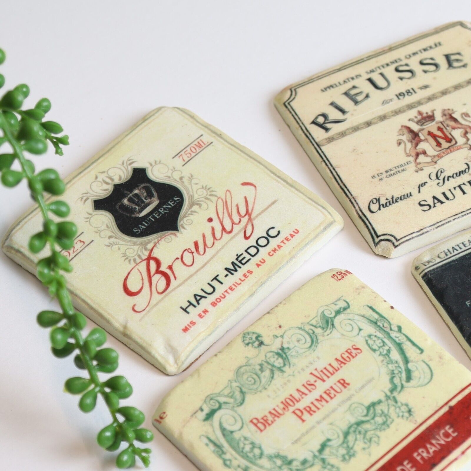 French Wine Label Coasters Boxed Set of 4 Tiles Vintage Antique Shabby Chic