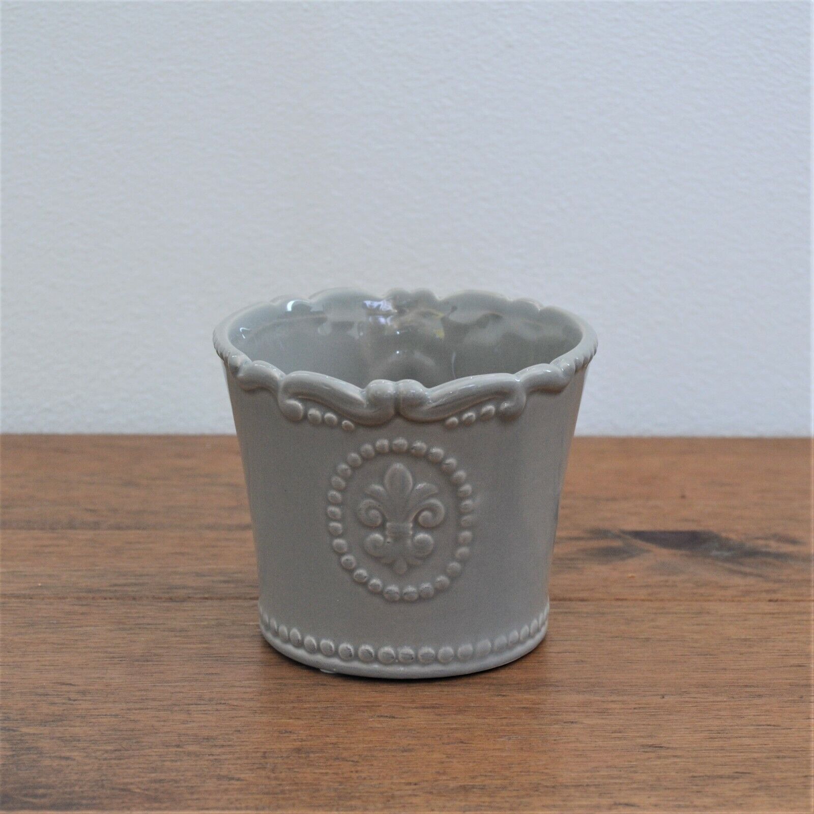 11cm Vintage Grey Ceramic Plant Pot Fleur De Lis Indoor Planter Cover Jar