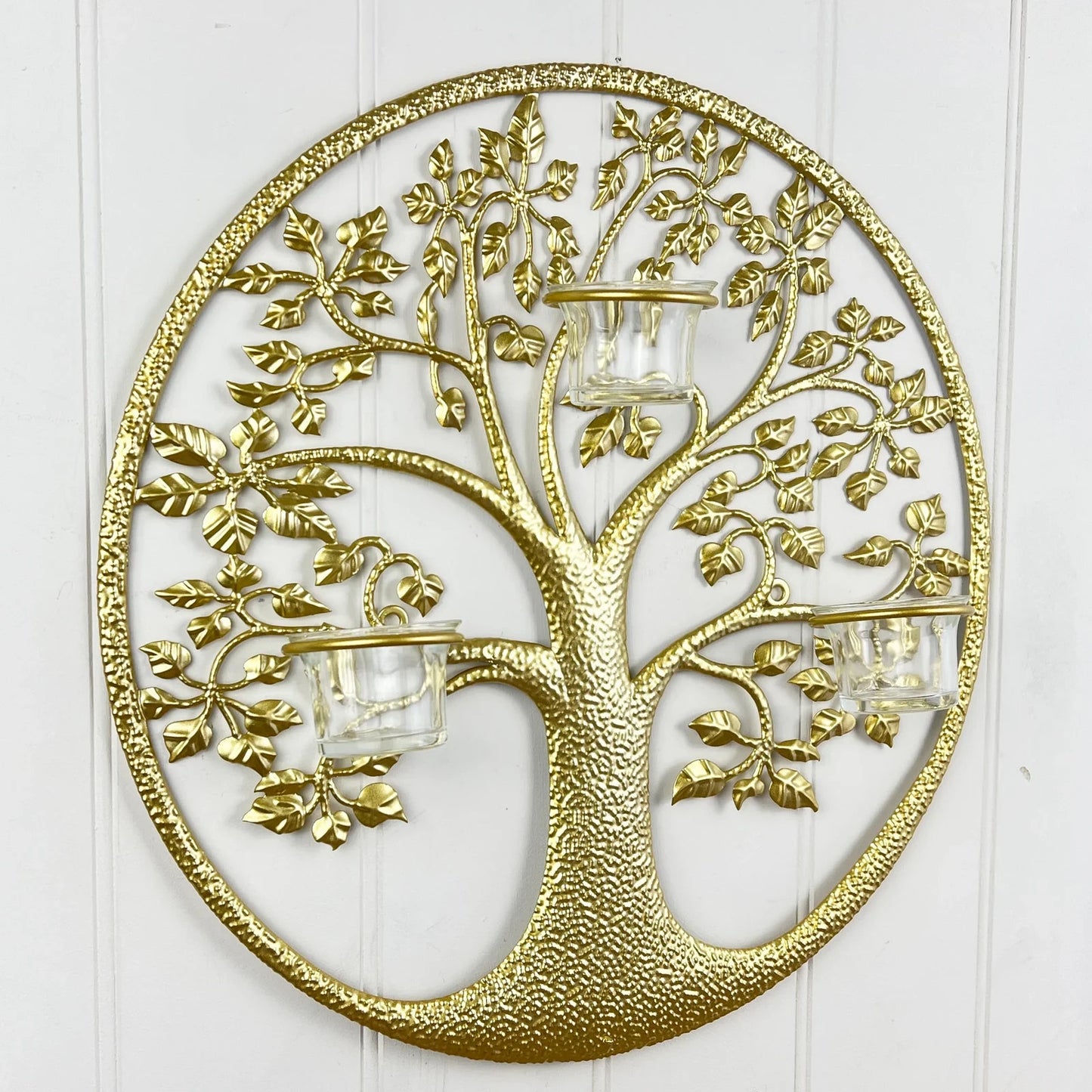 Round Gold Tree of Life Wall Art Tea Light Candle Holder Wall Mount Plaque Decor