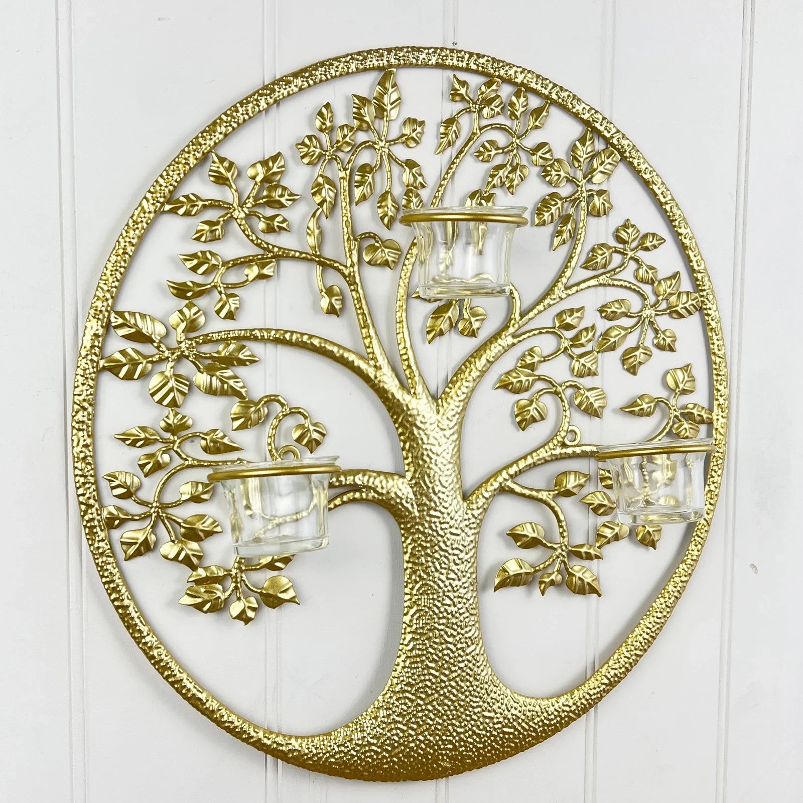 Round Gold Tree of Life Wall Art Tea Light Candle Holder Wall Mount Plaque Decor