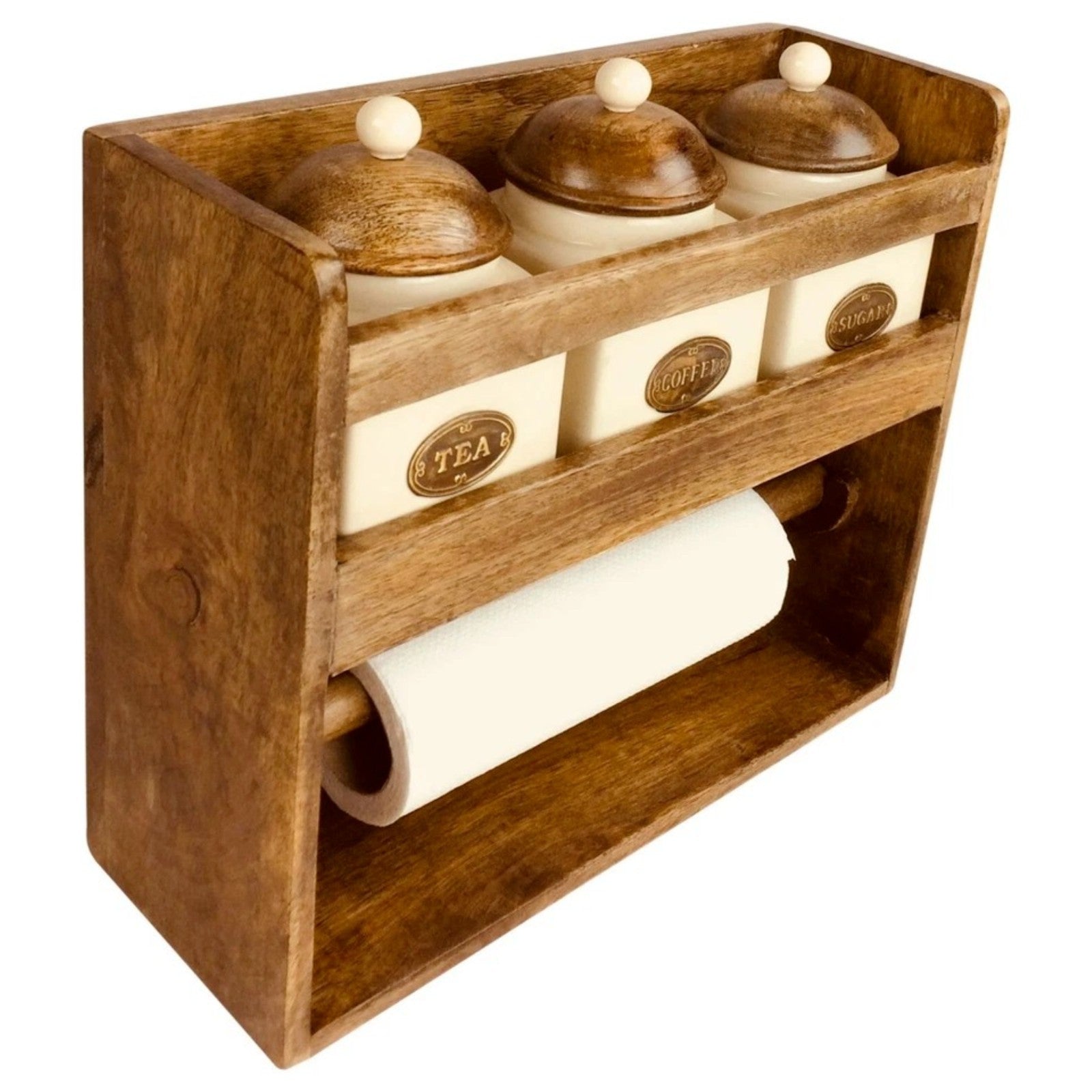 Rustic Wooden Kitchen Wall Rack 3 Ceramic Tea Coffee Sugar Jars Paper Roll Bar