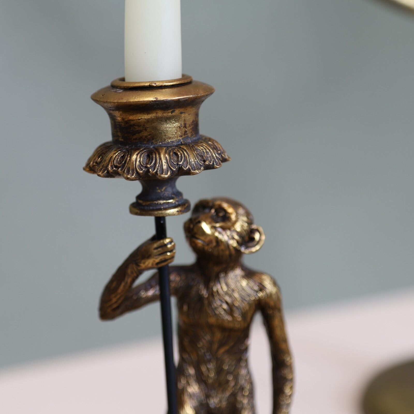 24cm Antique Copper Resin Monkey Tapered Candle Stick Holder Animal Statue