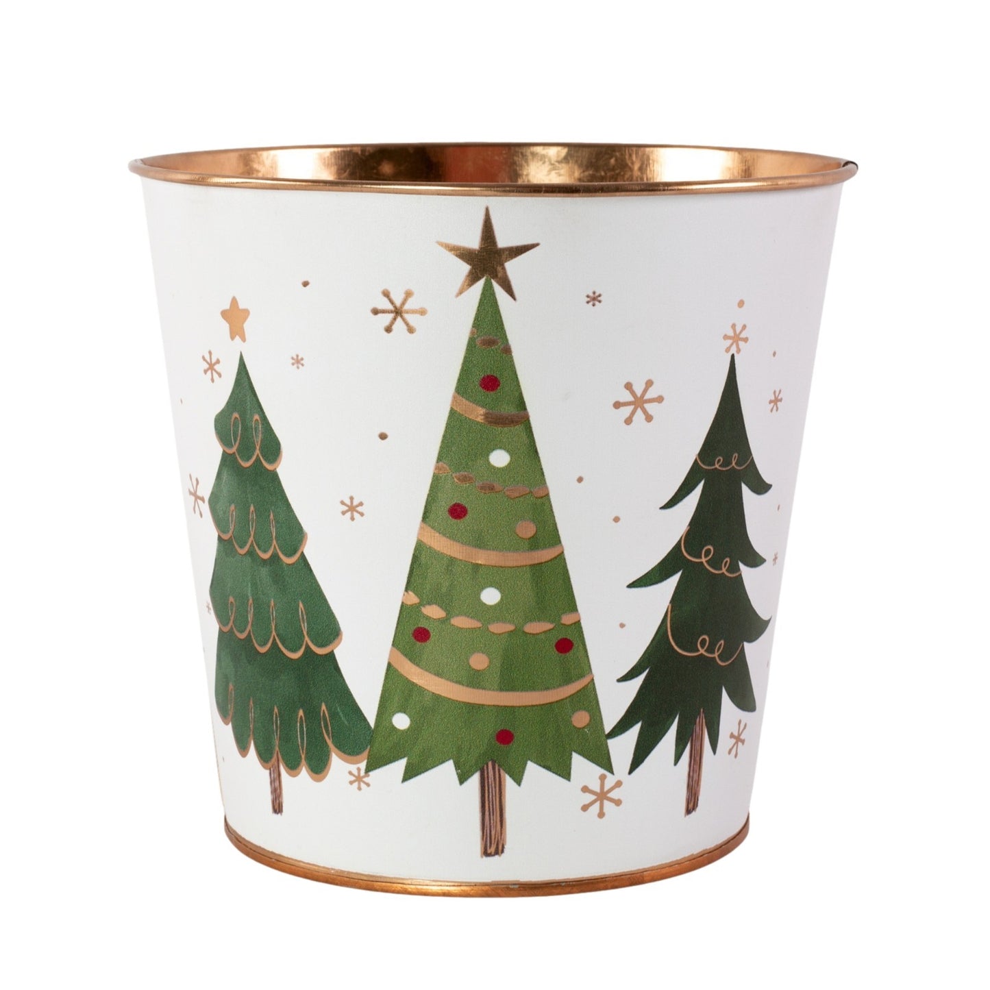 Metal White Plant Pot Christmas Trees Stars 16cm Tin Pail Planter Gold Rim Xmas