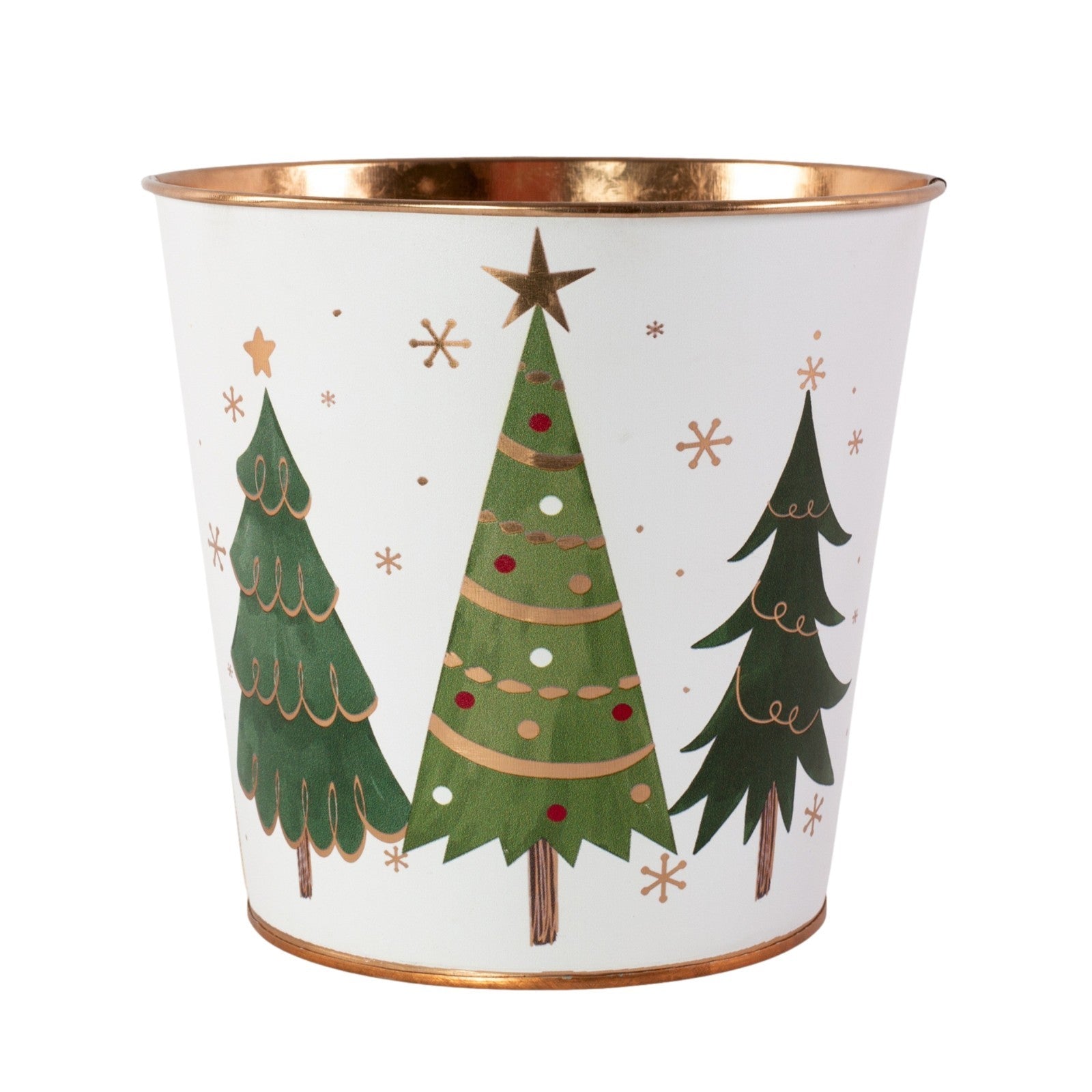 Metal White Plant Pot Christmas Trees Stars 16cm Tin Pail Planter Gold Rim Xmas