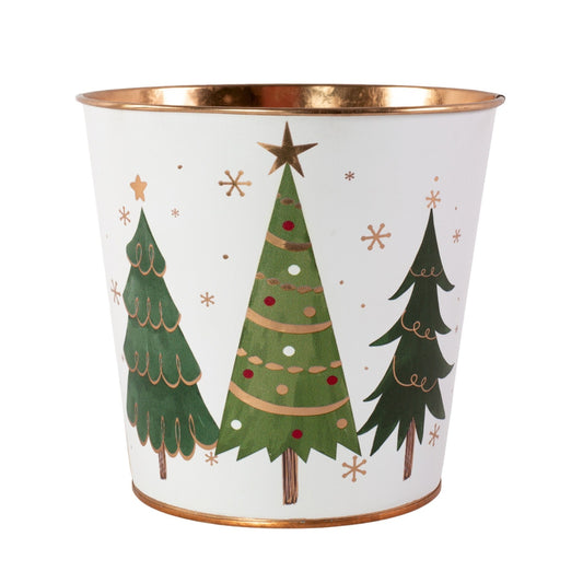 Metal White Plant Pot Christmas Trees Stars 16cm Tin Pail Planter Gold Rim Xmas
