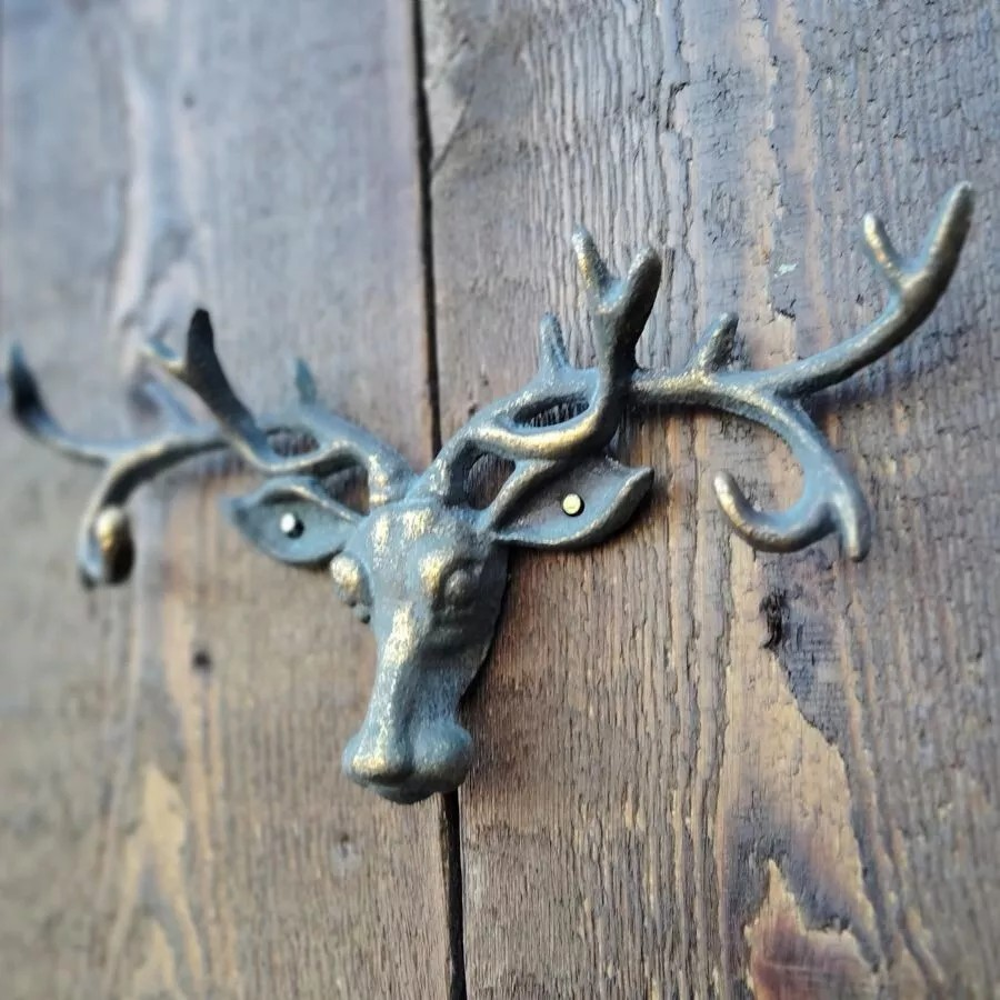 Stag Head Wall Hook Cast Iron 6 Hooks Deer Antler Coat Key Hanger Wall Mounted