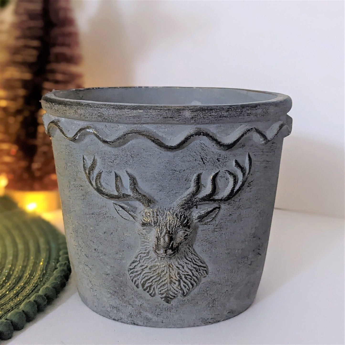 15cm Cement 3D Stag Head Bust Grey Indoor Plant Pot Cover Christmas Planter