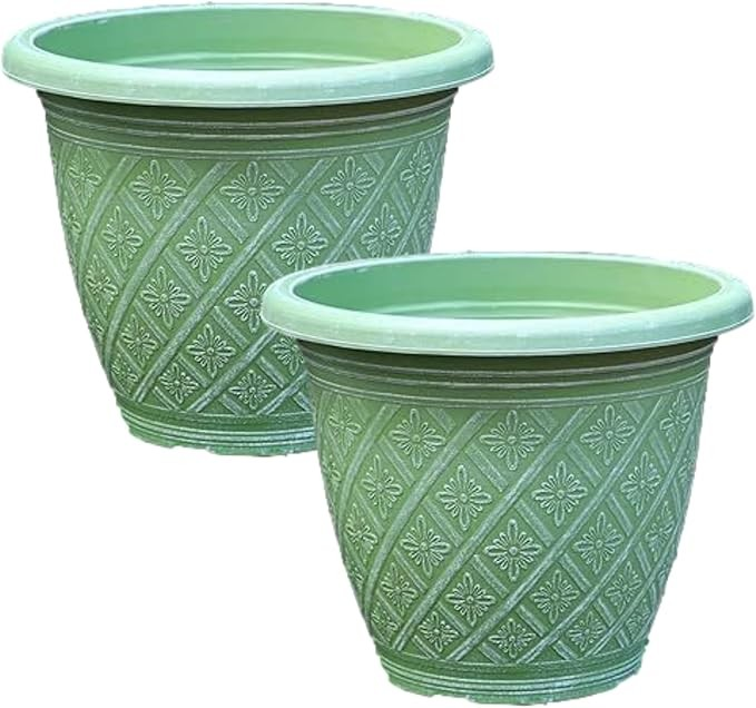 2Pc Round Plastic Plant Pot 40cm Moss Green 23L Woven Flower Garden Planter