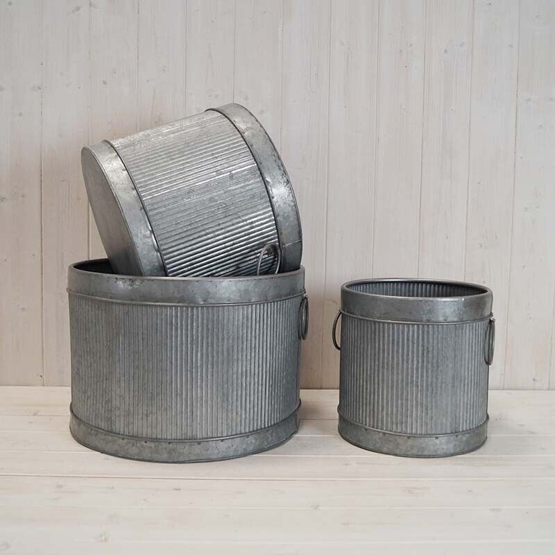 3X Large Round Vintage Galvanised Metal Ribbed Planters Plant Flower Pot Handles