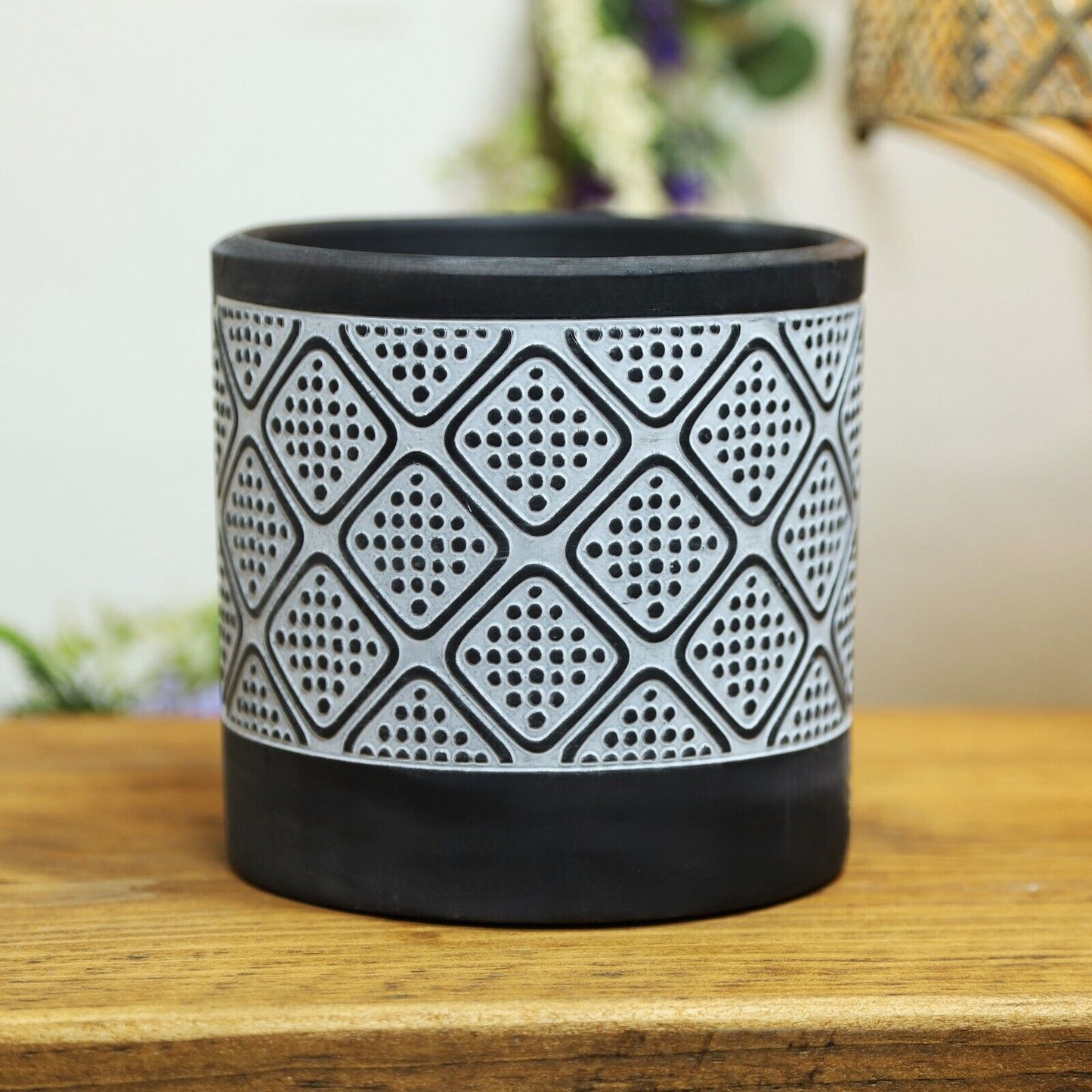Cement Black N White Pot Doted Patterned Diamond Plant Pot 13cm Indoor Planter