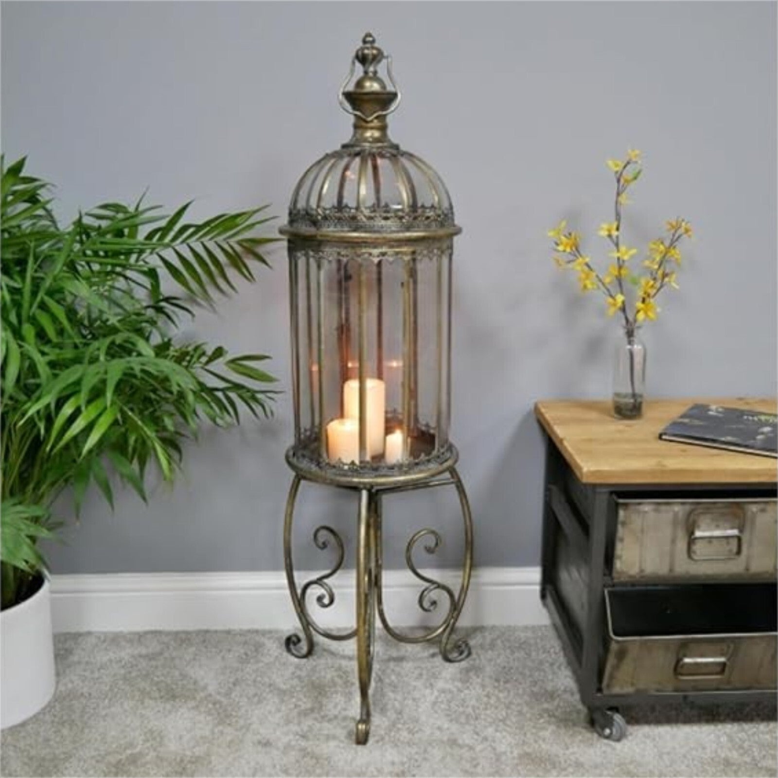 Gold Lantern on Stand Vintage Tall Rustic Antique Style Home Candle Holder Gift