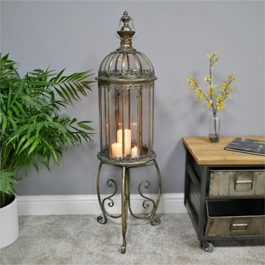 Gold Lantern on Stand Vintage Tall Rustic Antique Style Home Candle Holder Gift