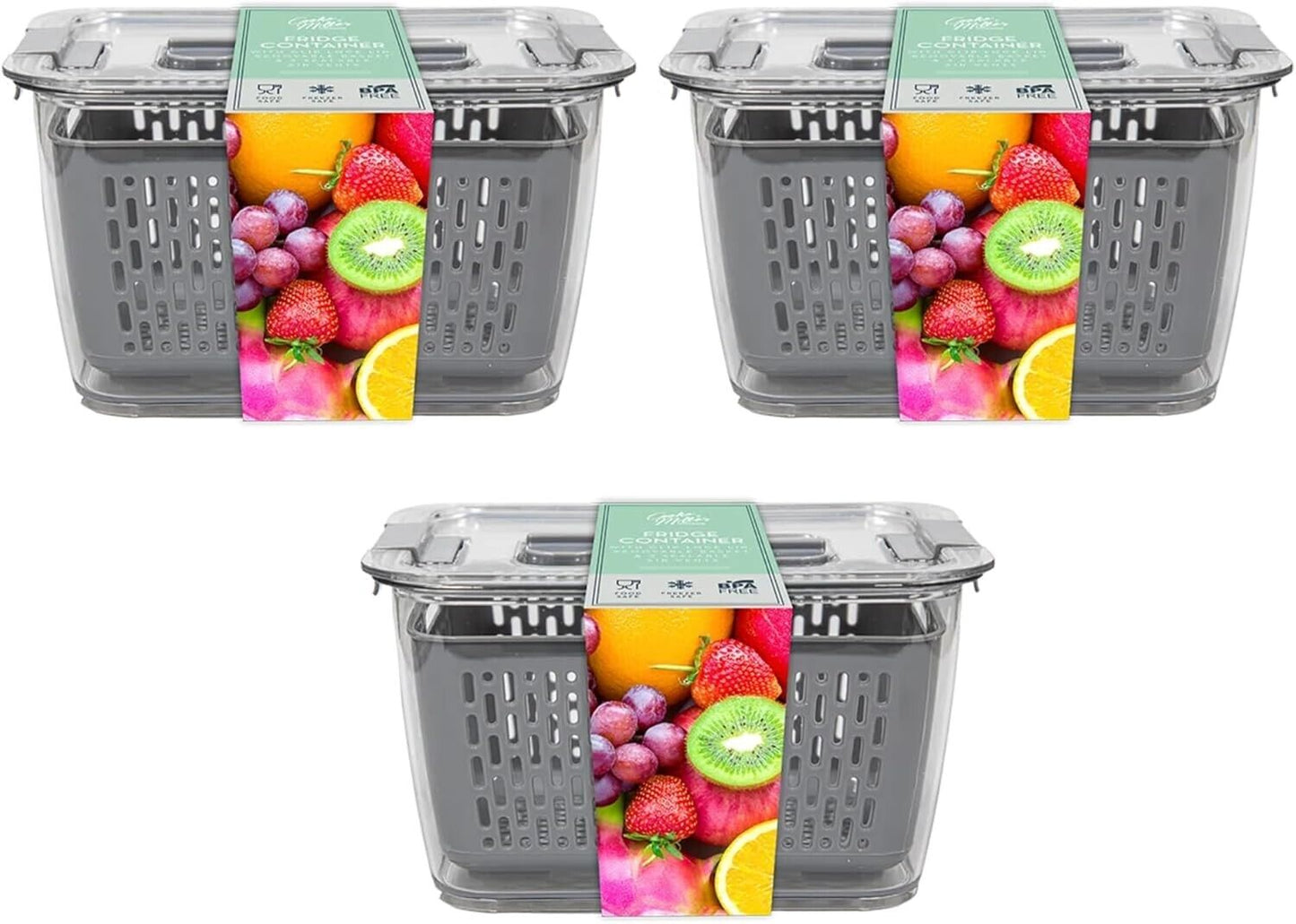 3Pc Fridge Container with Removeable Basket Fresh Fruit Vegetable Storage Box