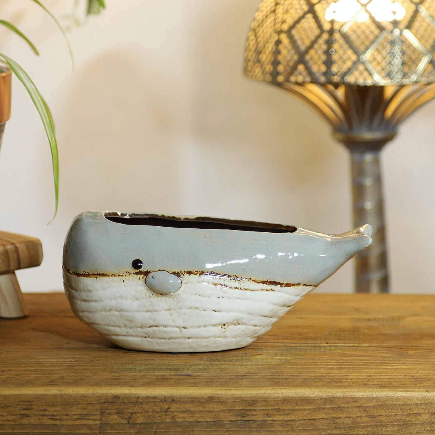 Ceramic Whale Plant Pot Novelty Glazed Gift 22cm Ornament Fish Shaped Planter
