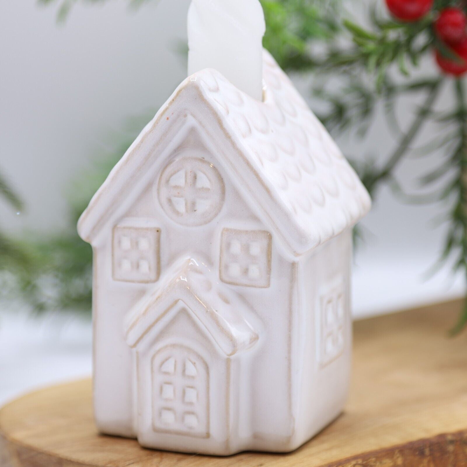 Beige Ceramic Candle Holder Country House Village Scene 9.5cm Ornament Decor