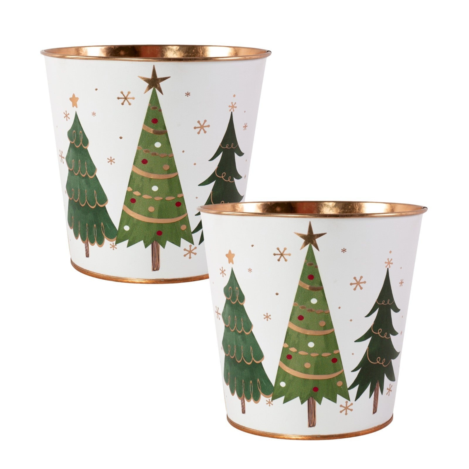 Metal White Plant Pot Christmas Trees Stars 14cm Tin Pail Planter Gold Rim Xmas