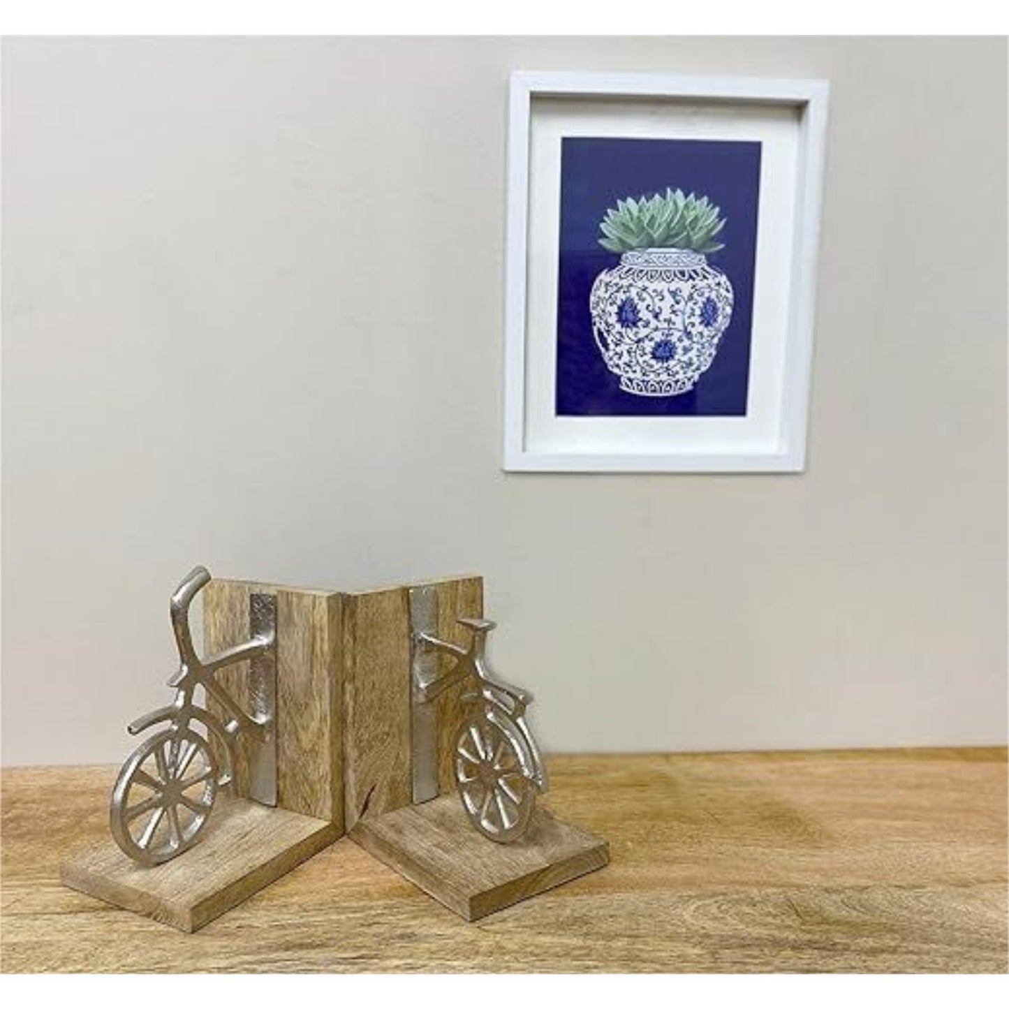 Aluminium Cycle Bicycle Bookends Wooden Base Vintage Shelf Sitter Home Office
