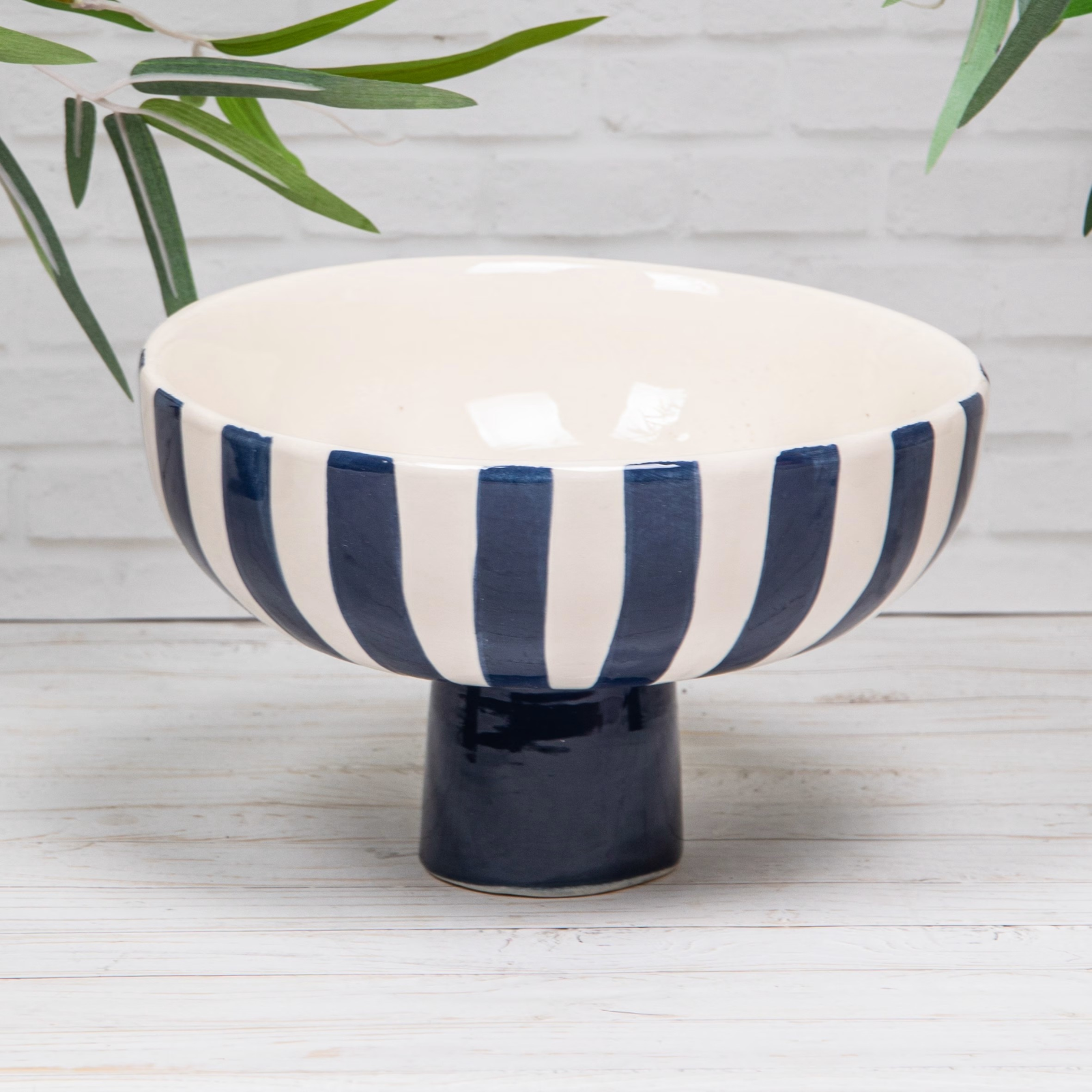 Ceramic Fruit Bowl Blue White Glazed Pedestal Dish Salad Serving Bowl Kitchen