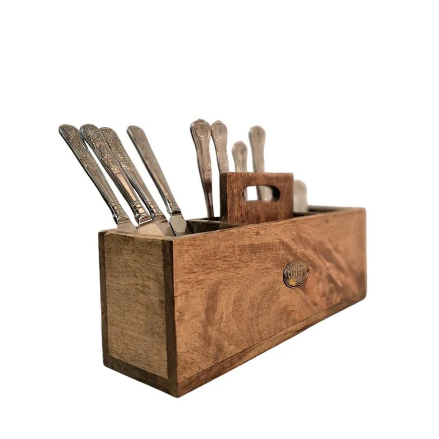 Mango Wood Cutlery Stand with Handle Kitchen Dining Table Caddy Utensils Holder