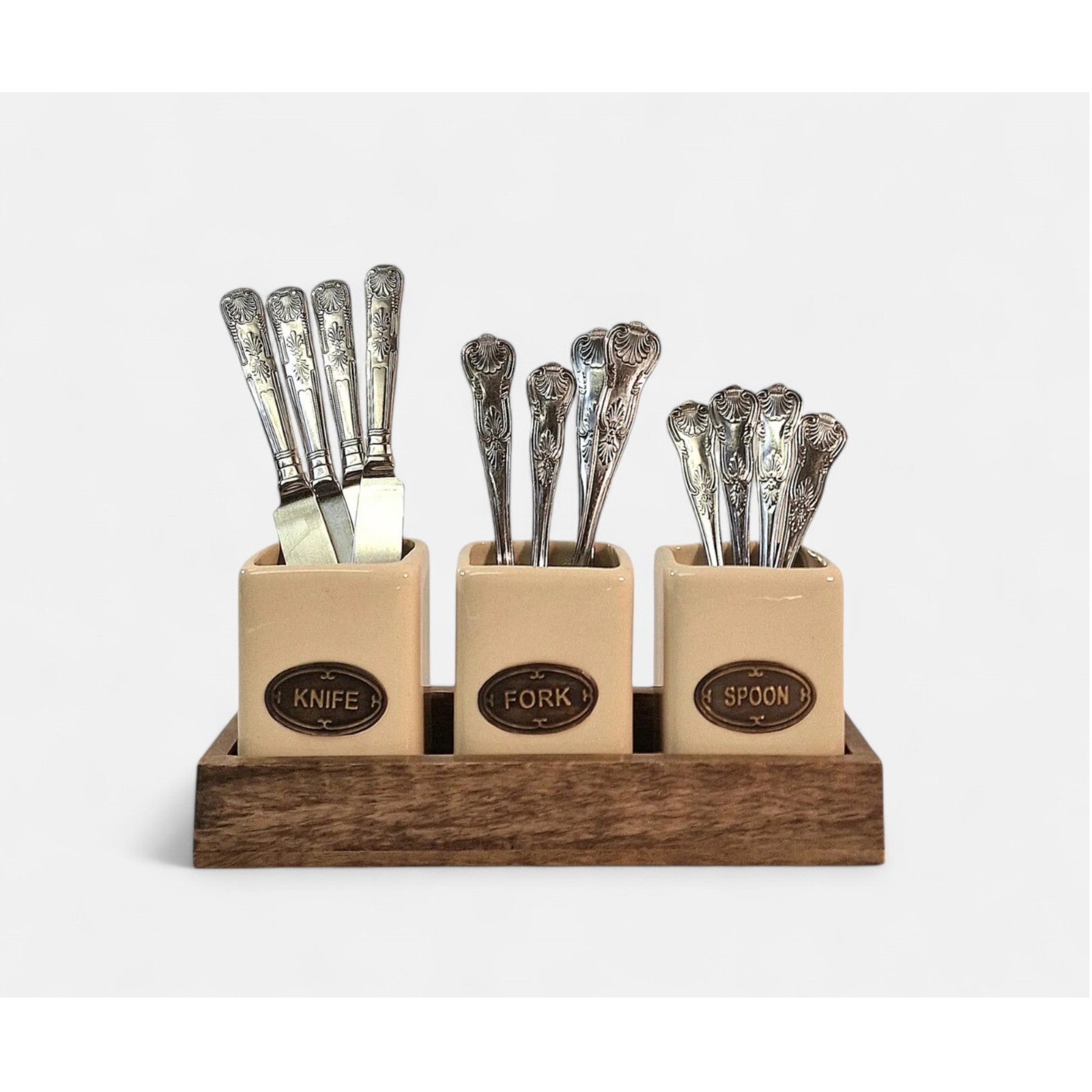 Knife, Fork & Spoon Ceramic Holder Storage Set with Mango Wooden Tray Organizer