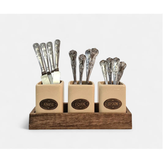 Knife, Fork & Spoon Ceramic Holder Storage Set with Mango Wooden Tray Organizer