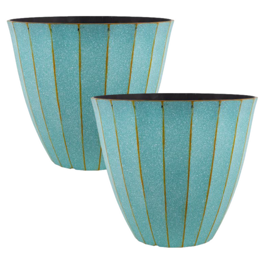 2Pc Patina Copper Plastic Panelled Planter Round 40cm Plant Pot 26L Garden Decor
