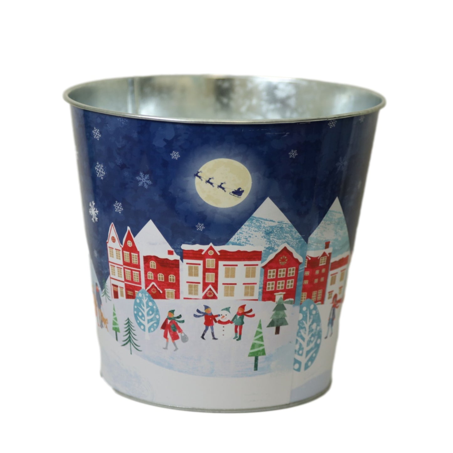 Zinc Blue Plant Pot 23cm Christmas Village Scene Pot Festive Xmas Planter Home