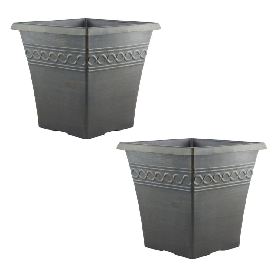 Square Planter Set of 2 Charcoal Black Plastic Plant Pot 16cm Rusty 9L Garden 