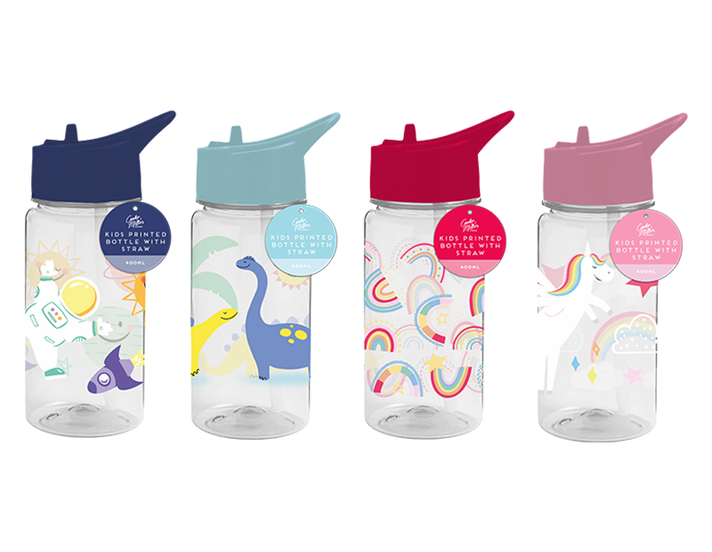 400ml Kids Printed Plastic Bottle With Straw, Textured PU Lunch Bag With Zip