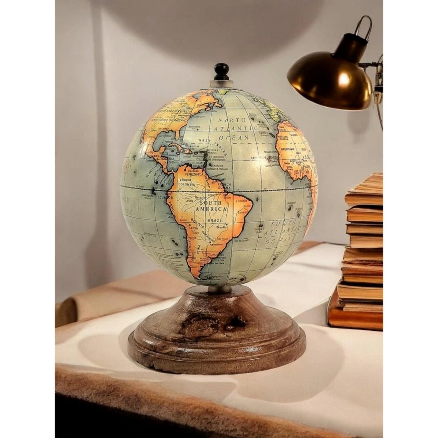 Desk World Globe Rustic Mango Wood Stand Vintage Retro Tabletop Home Office Desk