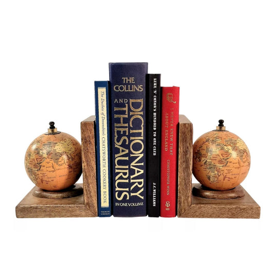 Mango Wooden Pair of World Globe Bookends Set Home Office Shelfsitter Stationery