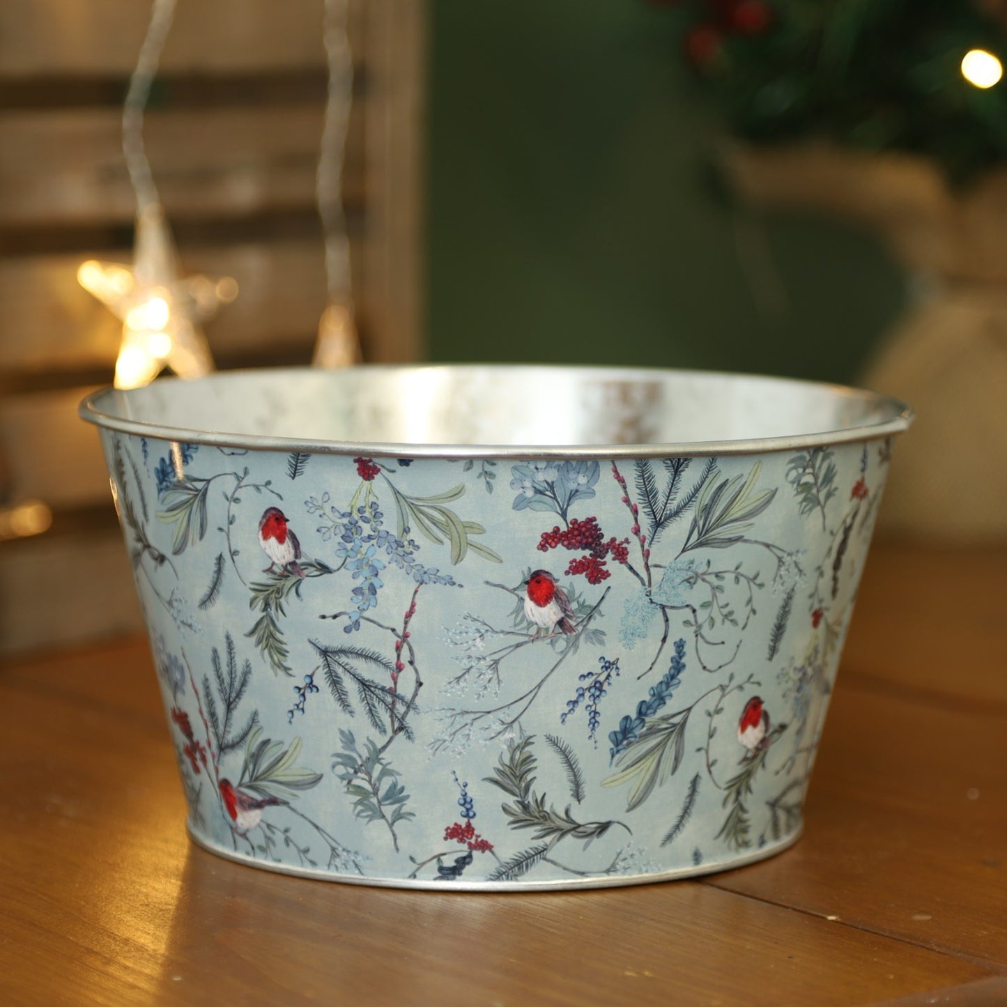 Tin Pail Robin Floral Bowl Plant Pot 21cm Christmas Metal Planter Xmas Bucket