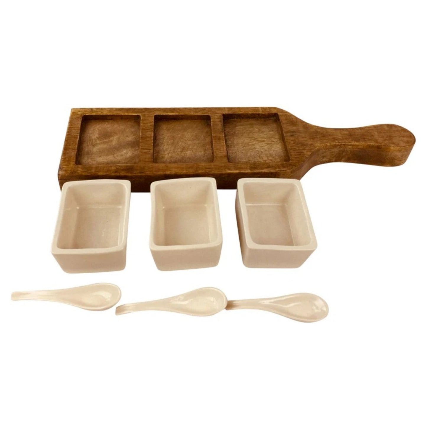 Ceramic Bowls & Spoons Brown Wooden Tray Snack Dip Appetizer Tapas Serving Set