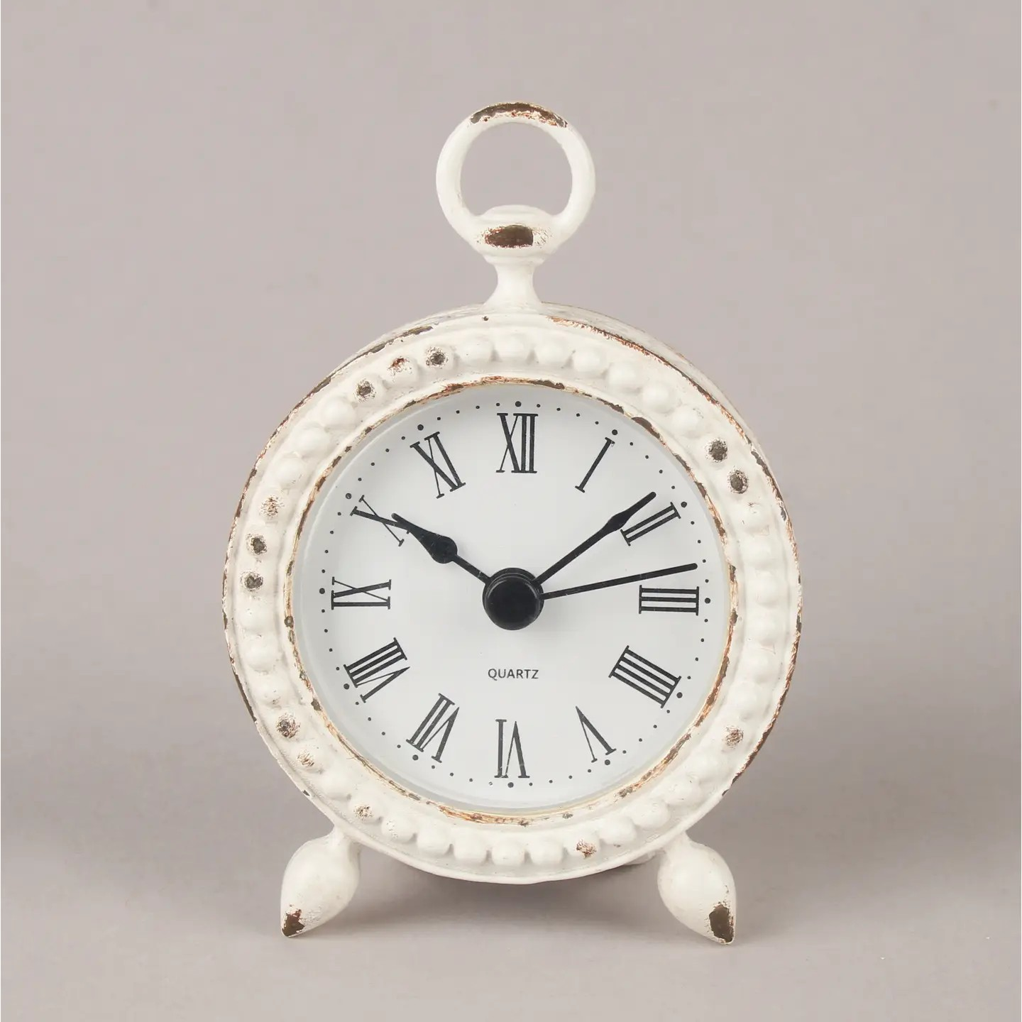 Grey Metal Mantel Clock Numeral Rustic Shabby Chic Ring Handle Table Time Piece