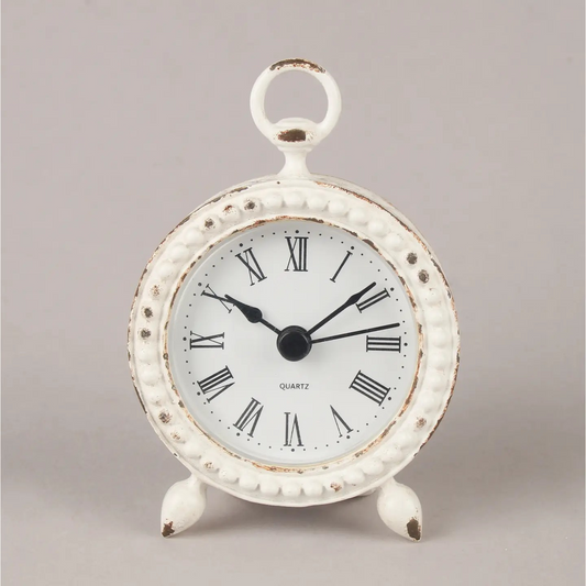 Grey Metal Mantel Clock Numeral Rustic Shabby Chic Ring Handle Table Time Piece