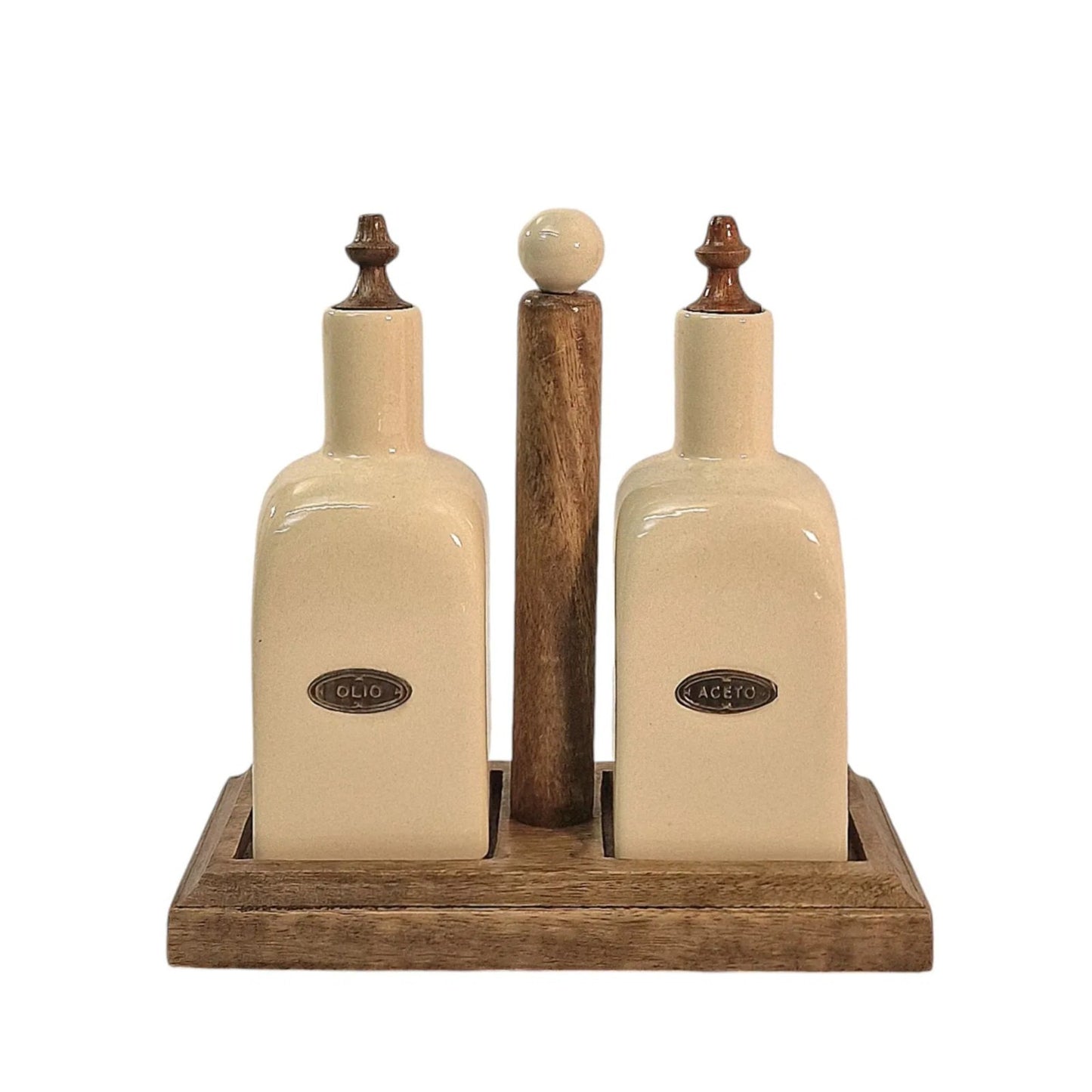 Ceramic Cream Oil & Vinegar Duo Bottles on Mango Wooden Stand Kitchen Organizer