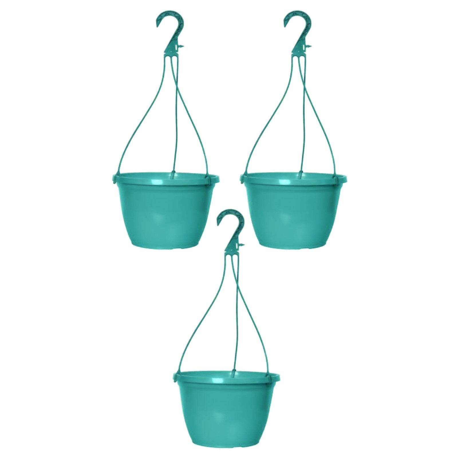 Round Plastic Teal Hanging Basket 26cm Glossy Plant Pot 5L Garden Hook Planter