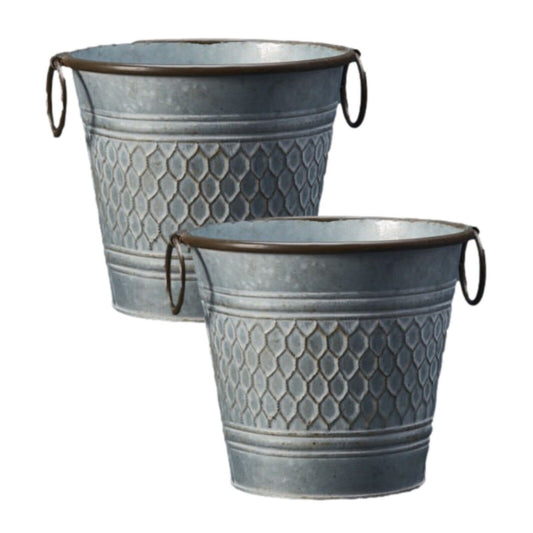 2Pc Round Zinc Honeycomb Plant Pot 22cm Planter with Handles Garden Flower Pot