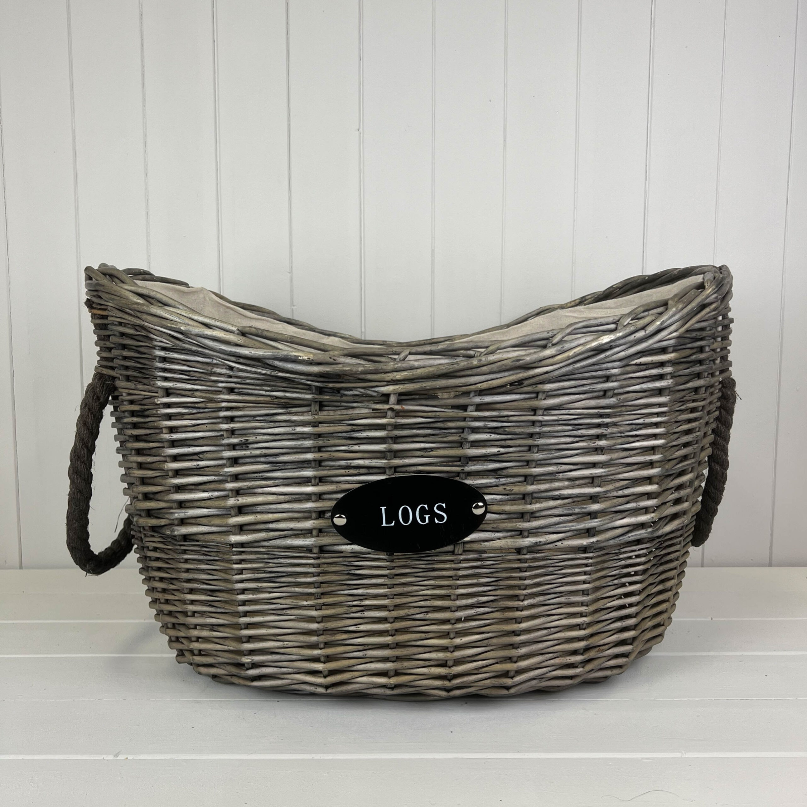 Tapered Wicker Log Storage Basket with Handles Oval Liner Rustic Firewood Holder