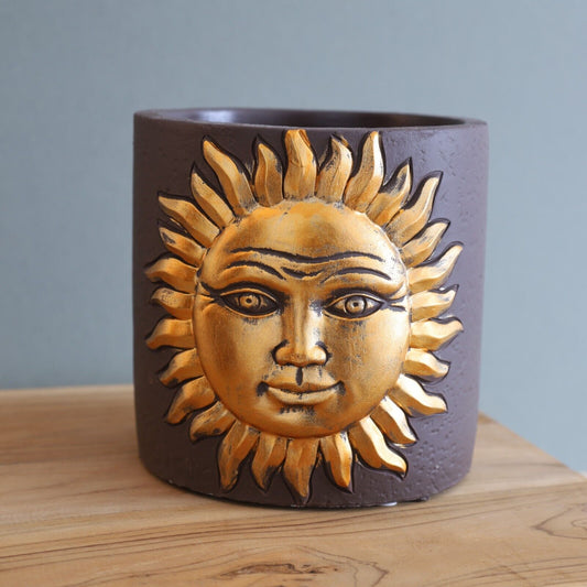 15 cm Solar Golden Sun Cement Brown Plant Pot Holder Cache Cover Planter