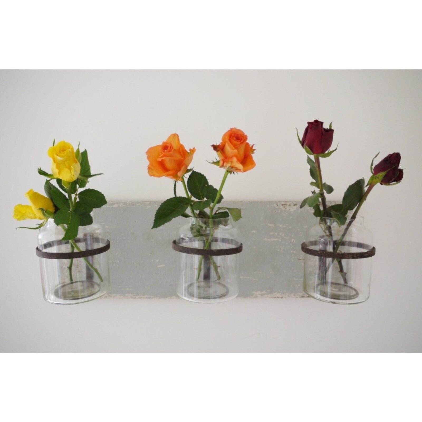 3Pc Glass Jars on Wooden Base Wall Mounted Flower Holder Vase Home Decor Gift