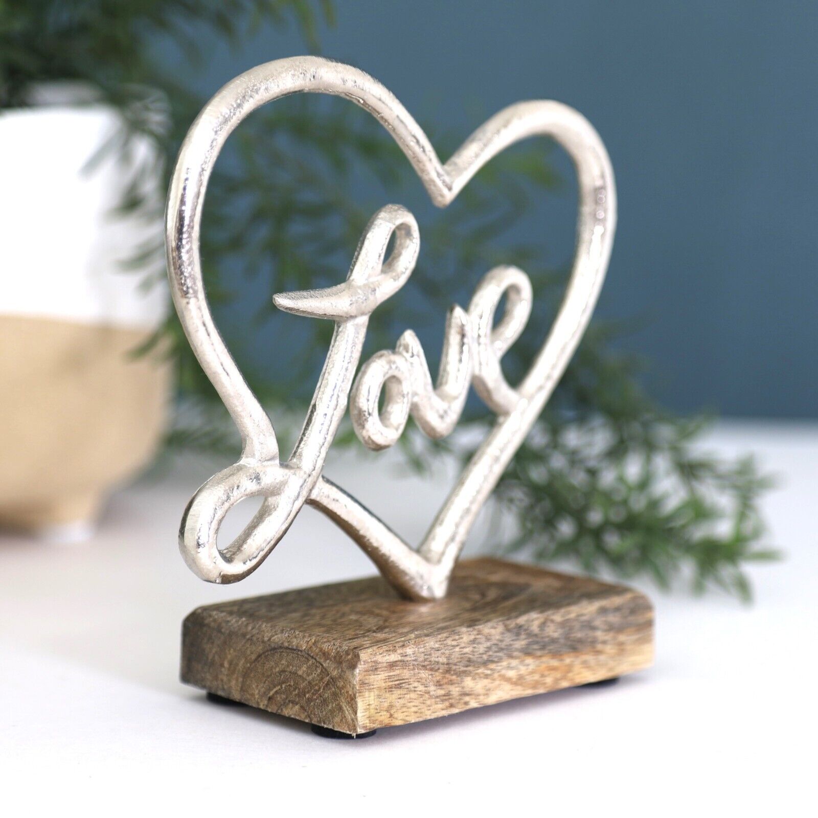 13.5cm Silver Heart with Love on Wooden Plinth Home Decor Ornament Figurine