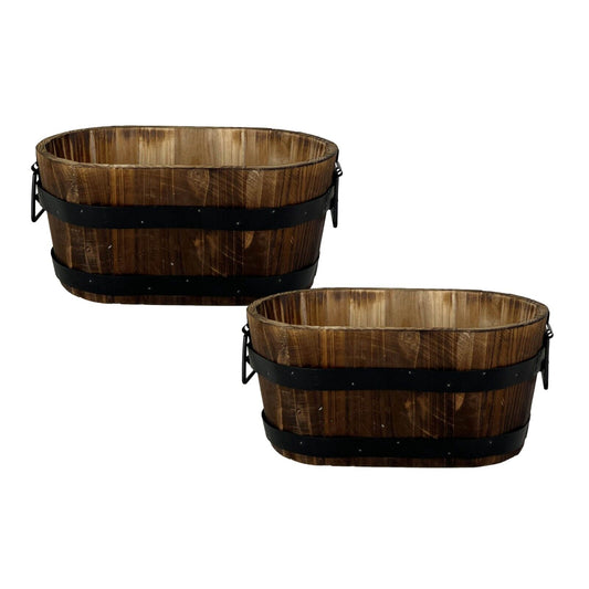 2Pc Oval Wooden Container Planter 30cm, Metal Handles Band Outdoor Garden Pot
